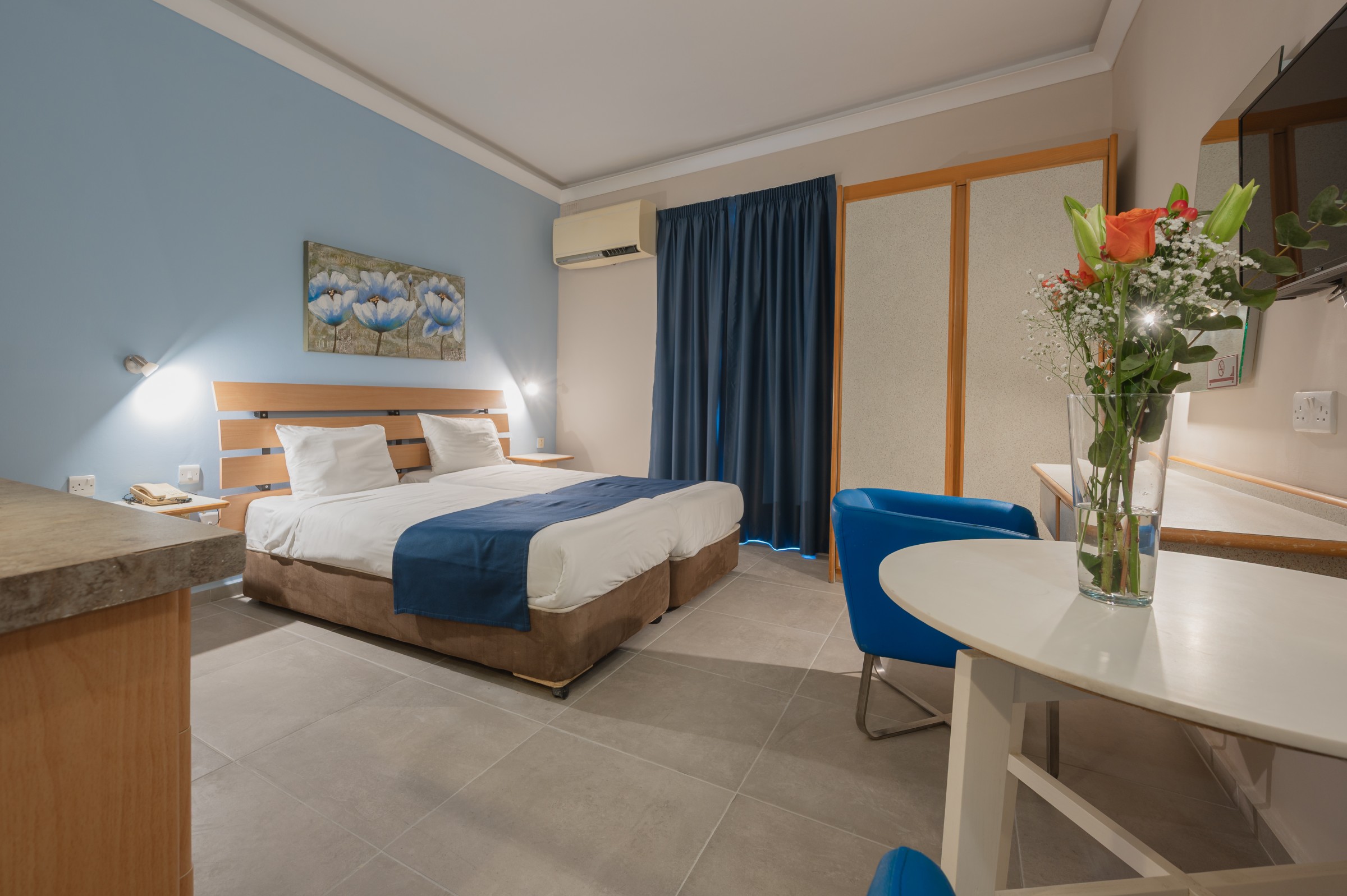 one of the modernised rooms in the Xemxija Bay Hotel in Malta